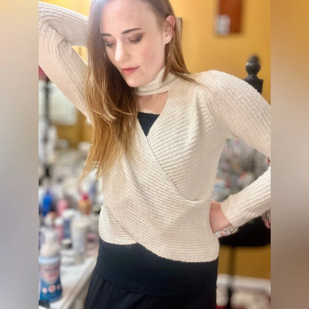 Pink Rose Cream Cowl Neck Sweater with Chunky Knit - Picture 2 of 6